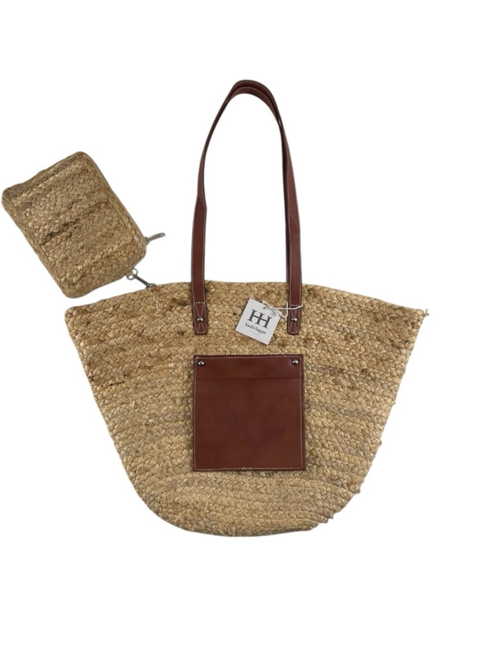 NEW Haute Hippie Extra Large Tote Faux Leather Accents Woven Raffia w/Pouch